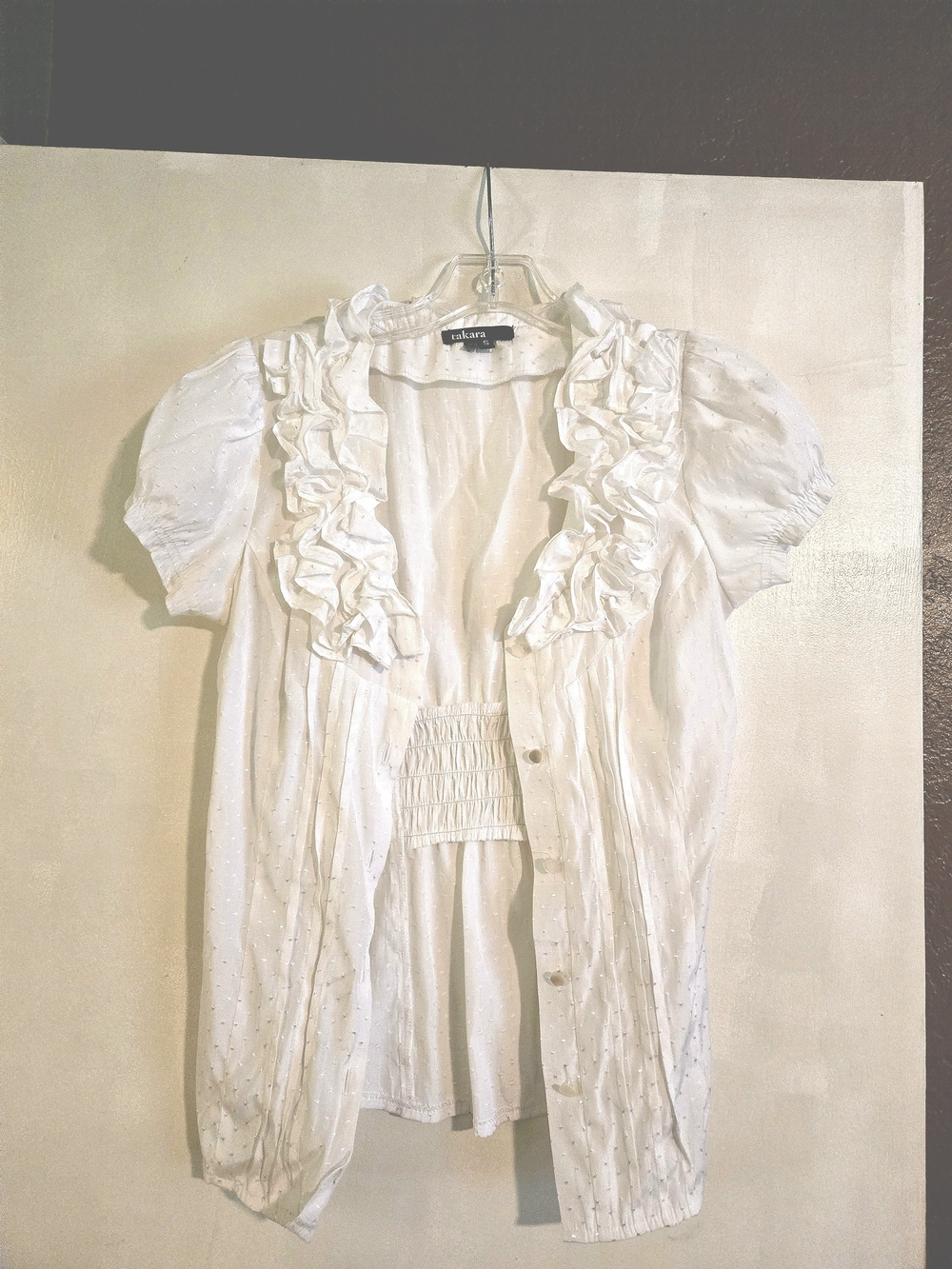 Takara White Ruffle-Front Short Sleeve Blouse